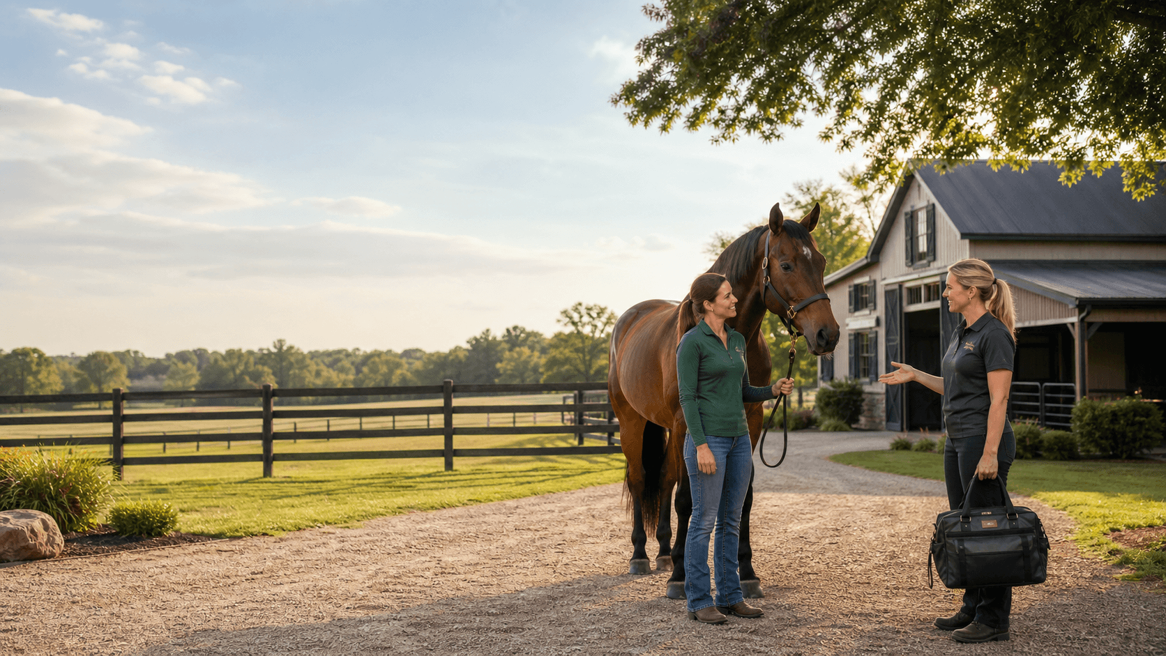 Horse owner speaking with an equine professional beside a horse at a stable